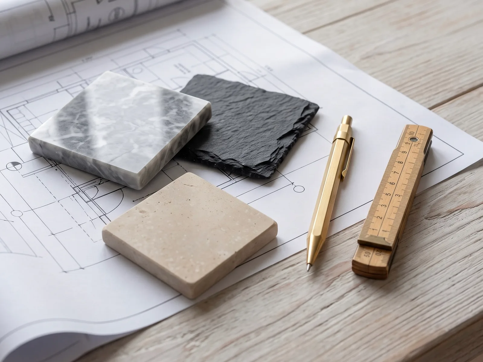 Marble, slate and travertine samples laid on an architectural drawing