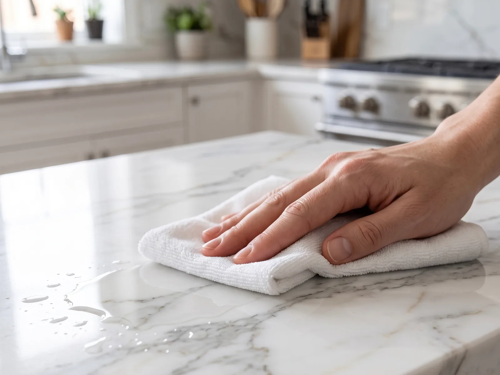 Wiping a polished white marble benchtop with a microfibre cloth