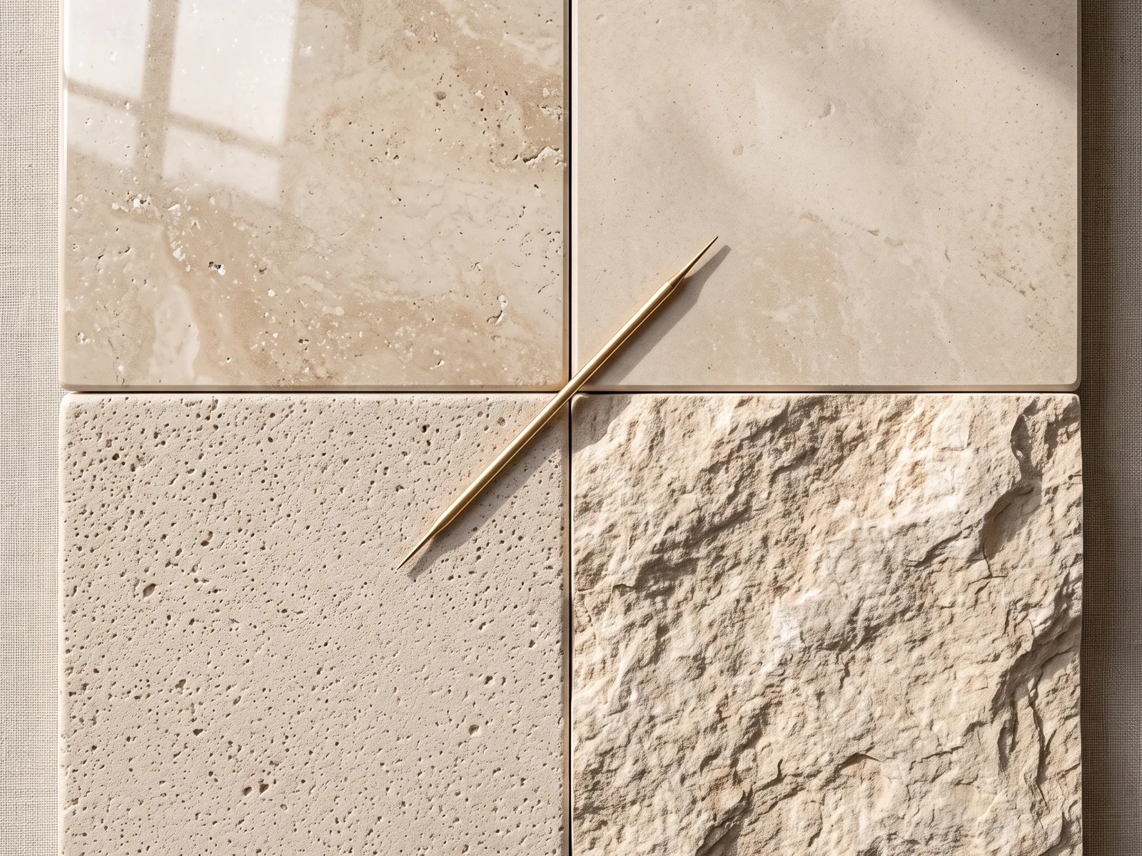 Four stone tiles showing polished, honed, tumbled and split-face finishes